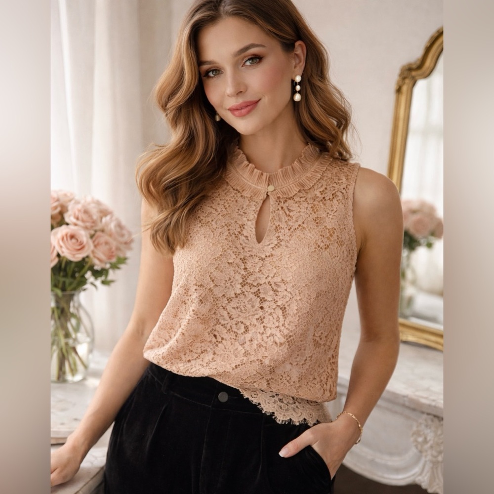 J Crew XS Tan Lace Victorian Chiffon Ruffle-neck Romantic Top Coquette Tank